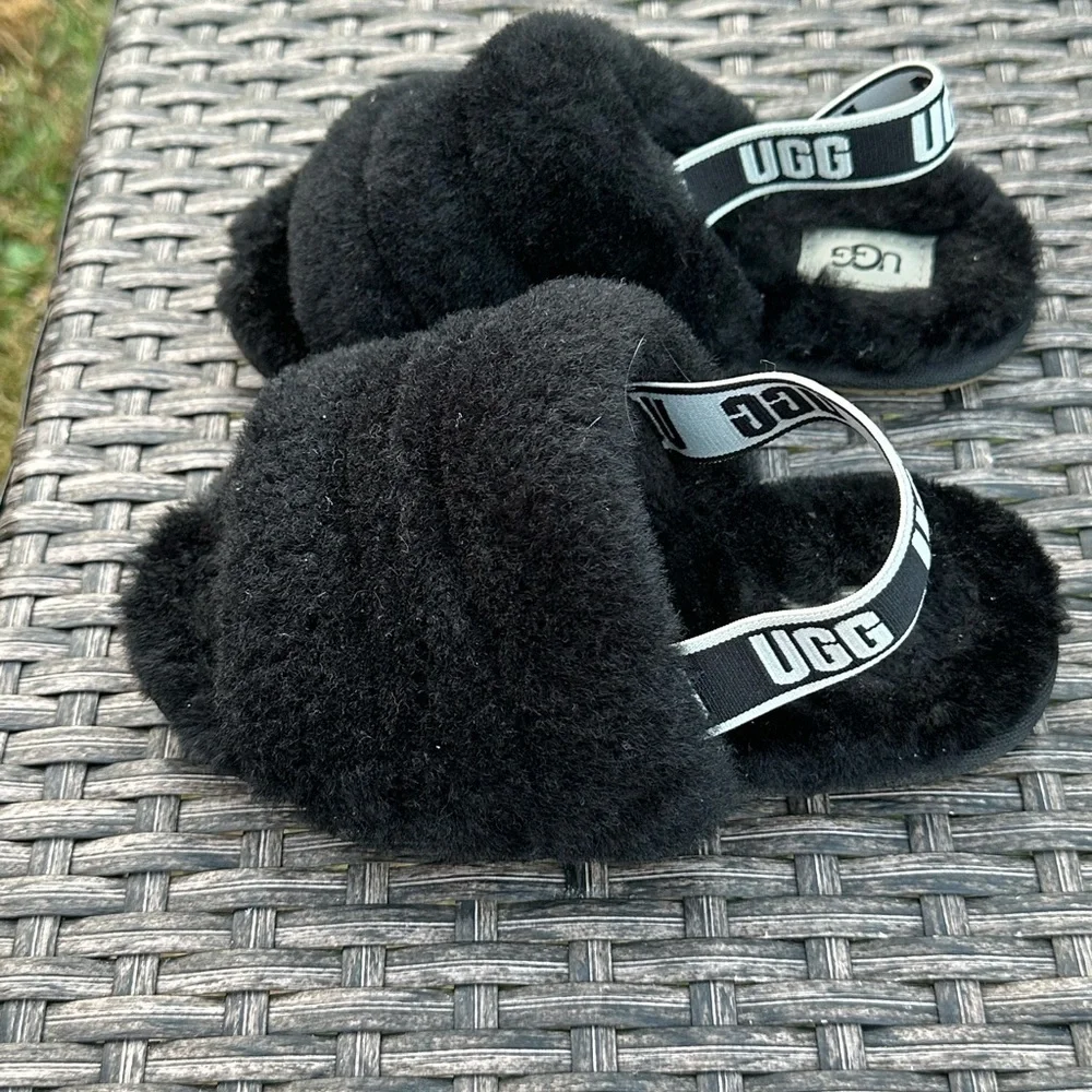 UGG Black Fuzzy Slippers Plush Comfort